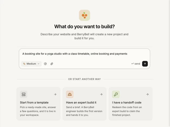 BerryBell's new project screen with a prompt describing a yoga studio booking site