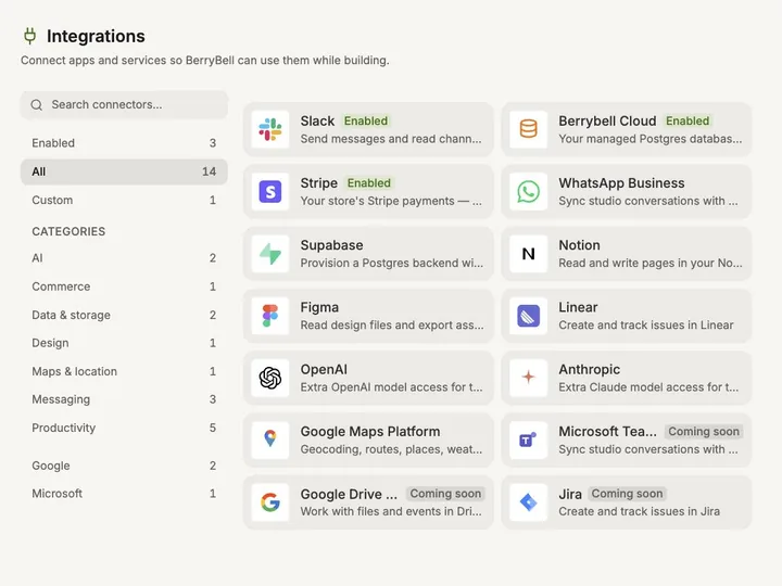 Integrations catalog with Slack, Stripe, Supabase, Notion, Figma and other connectors