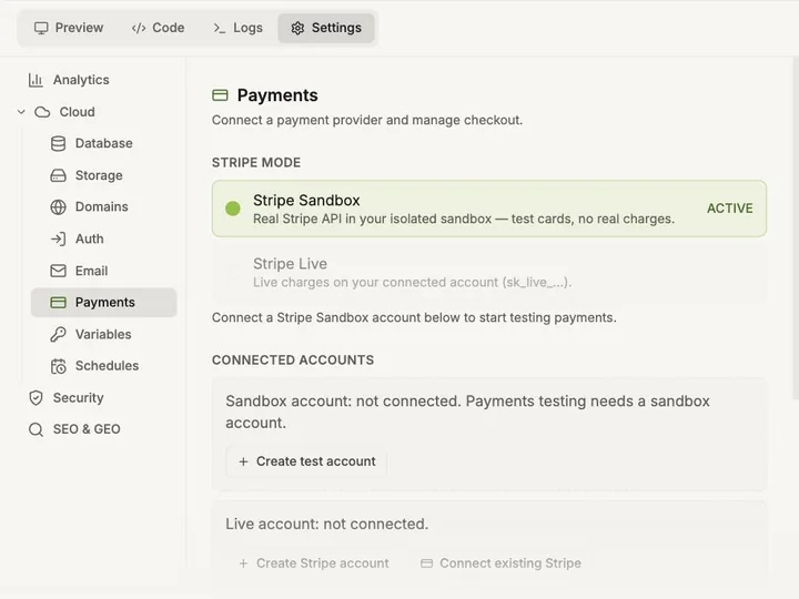 Payments settings with Stripe Sandbox active and a button to create a test account