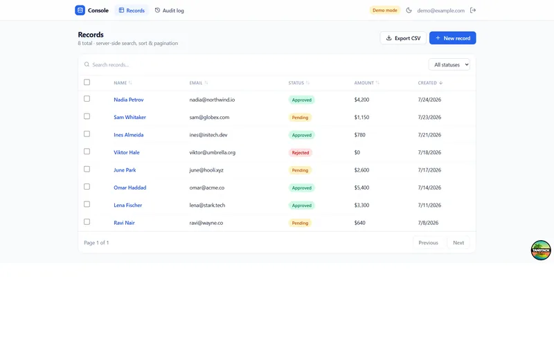 Admin dashboard template with searchable records, status filters and CSV export