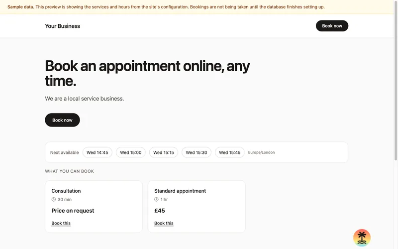 Appointment booking template with available time slots, services and prices