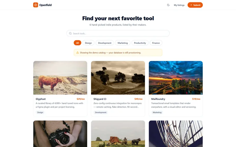 Directory template with searchable listings and category filters