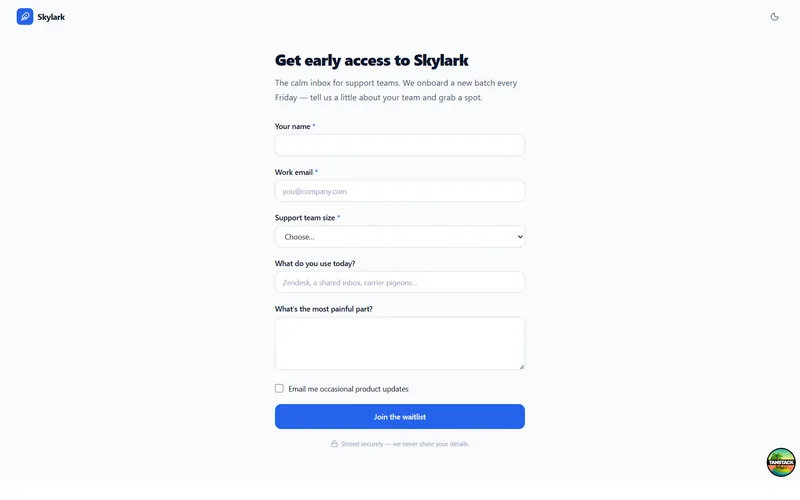 Public form template with input fields and a submission button